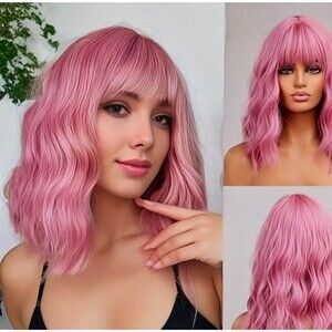 12" Pink Wavy Wig with Bangs - Pastel Rose Gold Synthetic Bob - Heat Resistant
